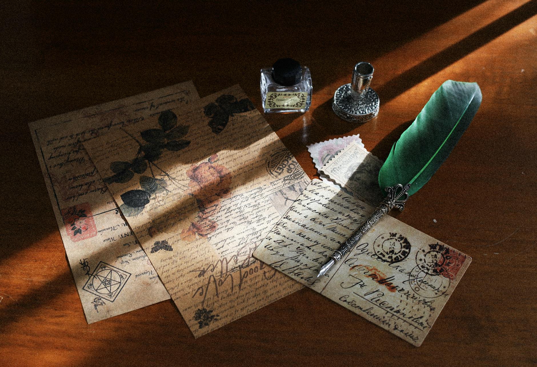 classic photo of letters and quill pen with postcard